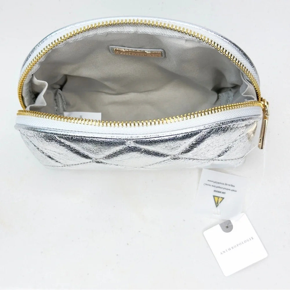 Anthropologie Silver Quilted Cosmetic Bag & Rhodium Necklace Set NWT - Picture 2 of 8